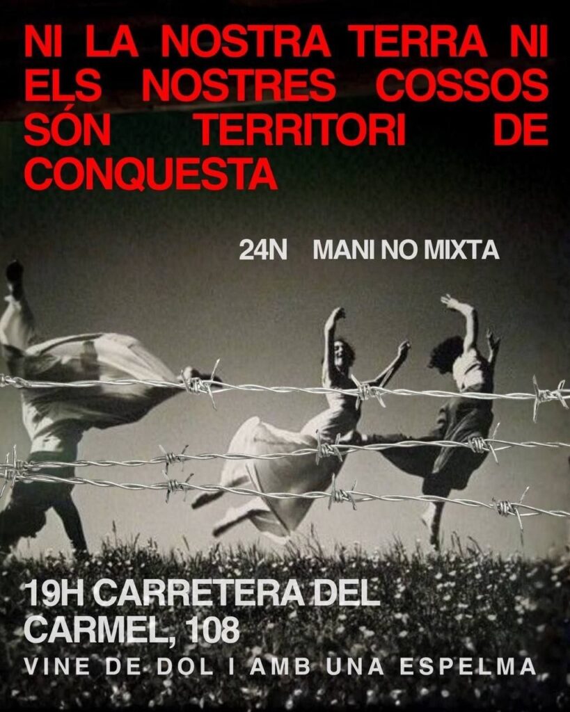 Cartell en blanc i negre de tres dones saltant en front d'una valla d'espines. Ni la nostra terra ni els nostres cossos són territori de conquesta.