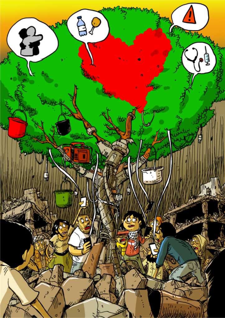 immagine di zero calcare, un grande albero a cui sono appesi tutti gli strumenti per ricostruire rete e lagami sociali