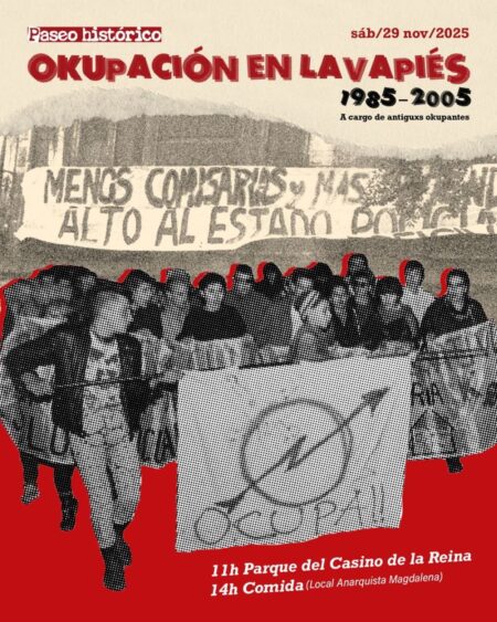 cartel paseo sobre okupaciones en Lavapies con una foto de fondo de una manifestación de los años 80-90