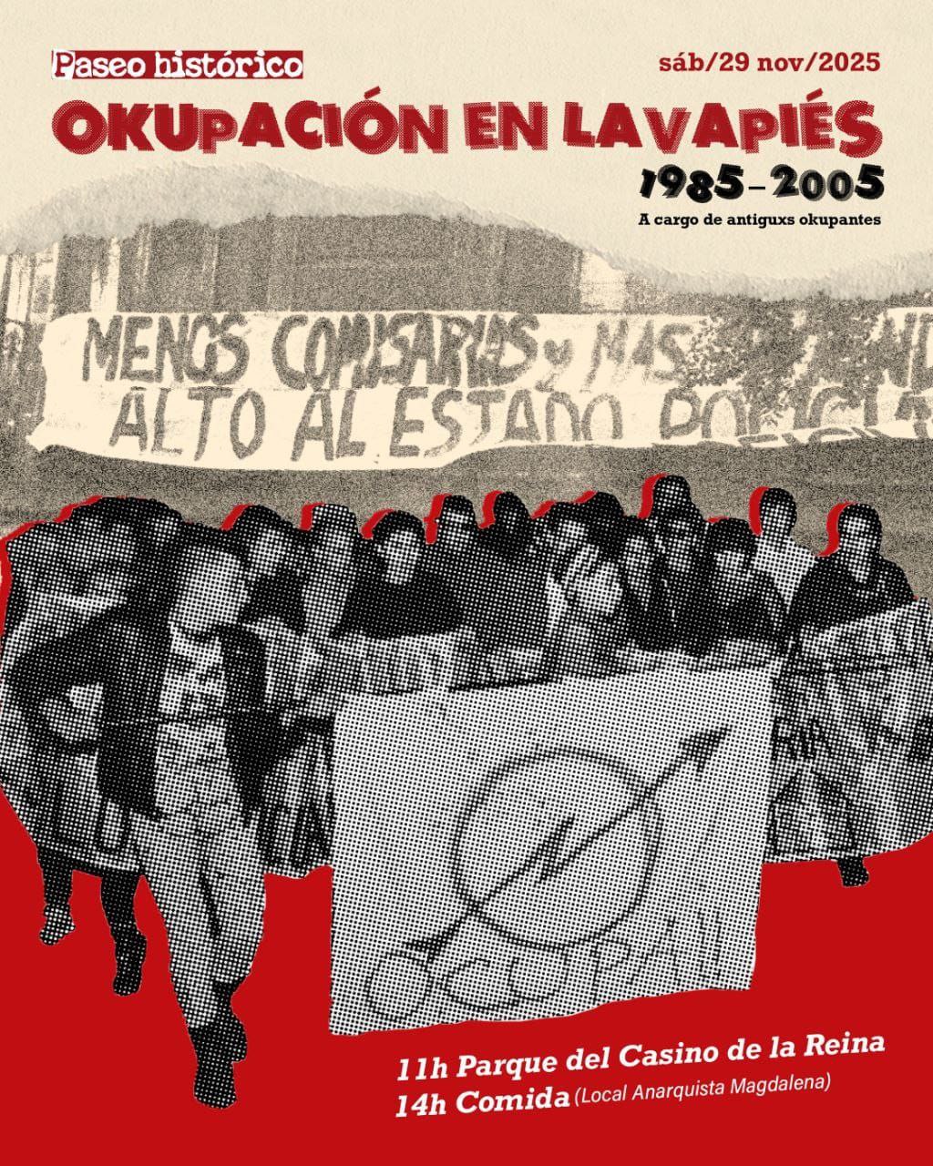 cartel paseo sobre okupaciones en Lavapies con una foto de fondo de una manifestación de los años 80-90