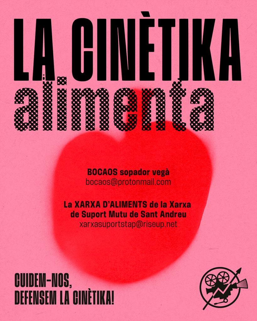 Cartell amb una poma grafitejada en vermell que hi diu "La Cinètika alimenta. Bocaos sopador vegà. La xarxa d'aliments de la Xarxa de suport mutu de Sant Andreu"