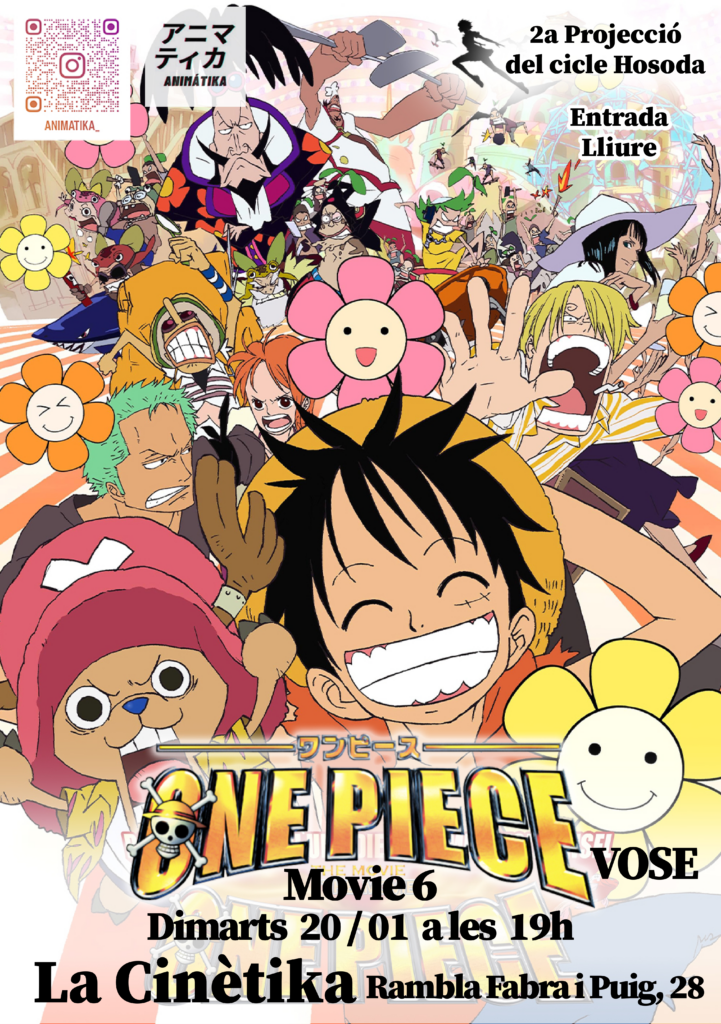 Cartell de la sisena pel·lícula e One Piece: El baró Omatsuri i l'illa secreta. Hi ha moltes flors.