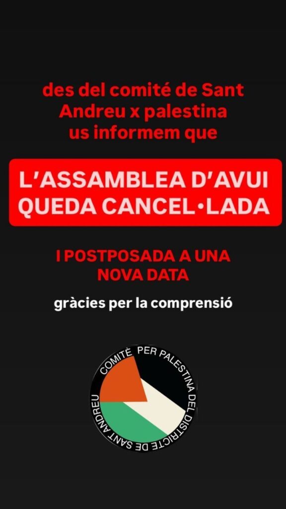 Cartell en negre que comunica que es cancel·la l'assemblea d'avui.
