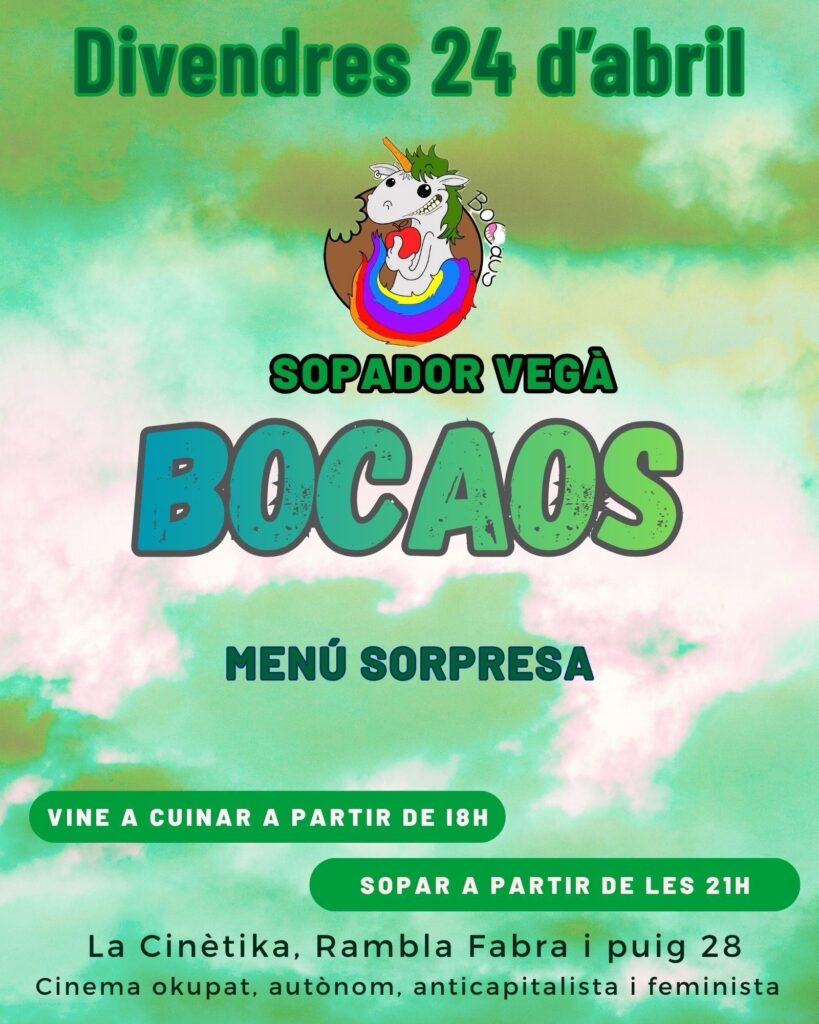 Cartell del sopador vegà bocaos. El menú és sorpresa