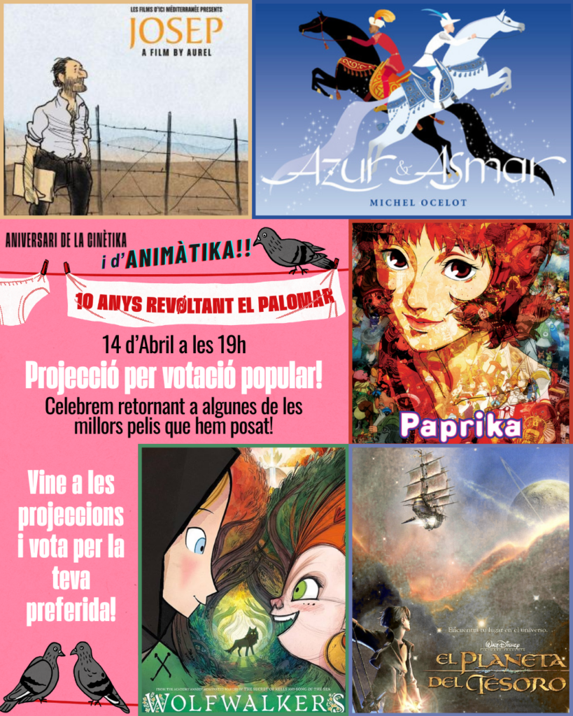 Cartell de les cinc projeccions possibles d'Animàtika. El fons és rosa, de l'aniversari dels deu anys la Cinètika, amb coloms.