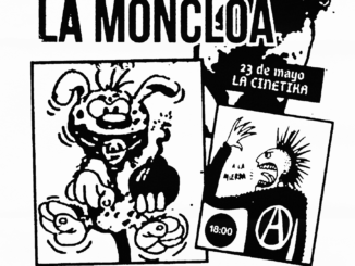 Cartell de Fuego en la Moncloa, amb la info i dues iamtges: un punk que crida "¡A la mierda!" i un Marsupilami amb una bomba encesa a la mà.