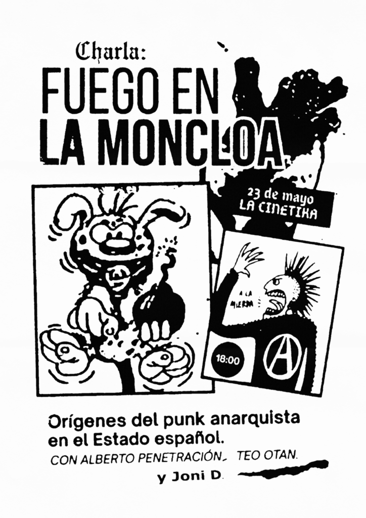 Cartell de Fuego en la Moncloa, amb la info i dues imatges: uni punk que crida "¡A la mierda!" i un Marsupilami amb una bomba encesa a la mà.