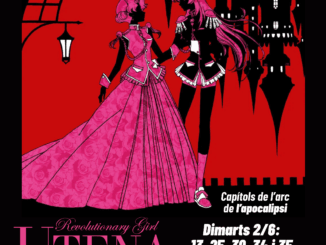 Cartell d'Utena, hi ha dues figures en negre i rosa, una princesa amb un vestit llarg i cabells curts, i una cavallera, amb uniforme i cabells llargs i roses.