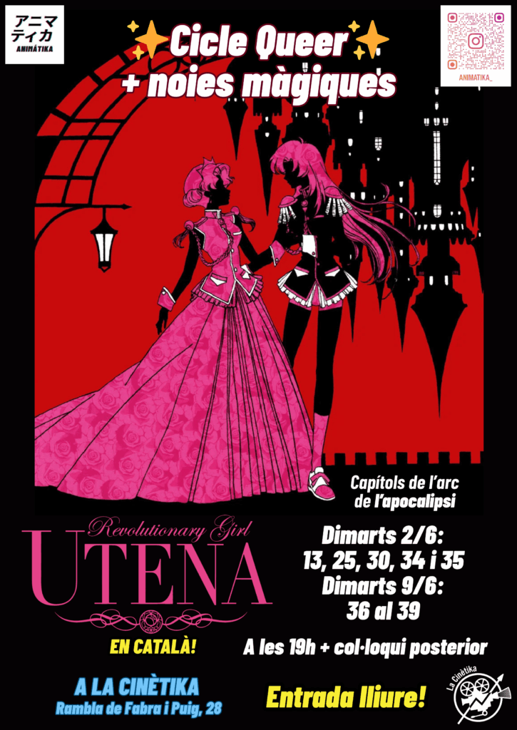 Cartell d'Utena, hi ha dues figures en negre i rosa, una princesa amb un vestit llarg i cabells curts, i una cavallera, amb uniforme i cabells llargs i roses.