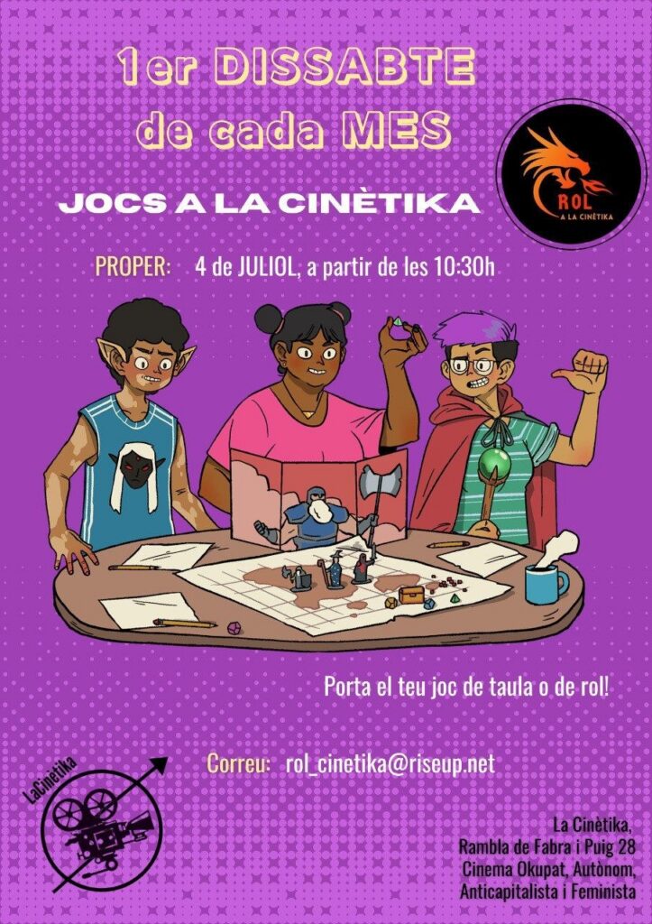 Cartell de la jornada de jocs de rol de cada dissabte amb tres persones ben diferents jugant a un joc de taula